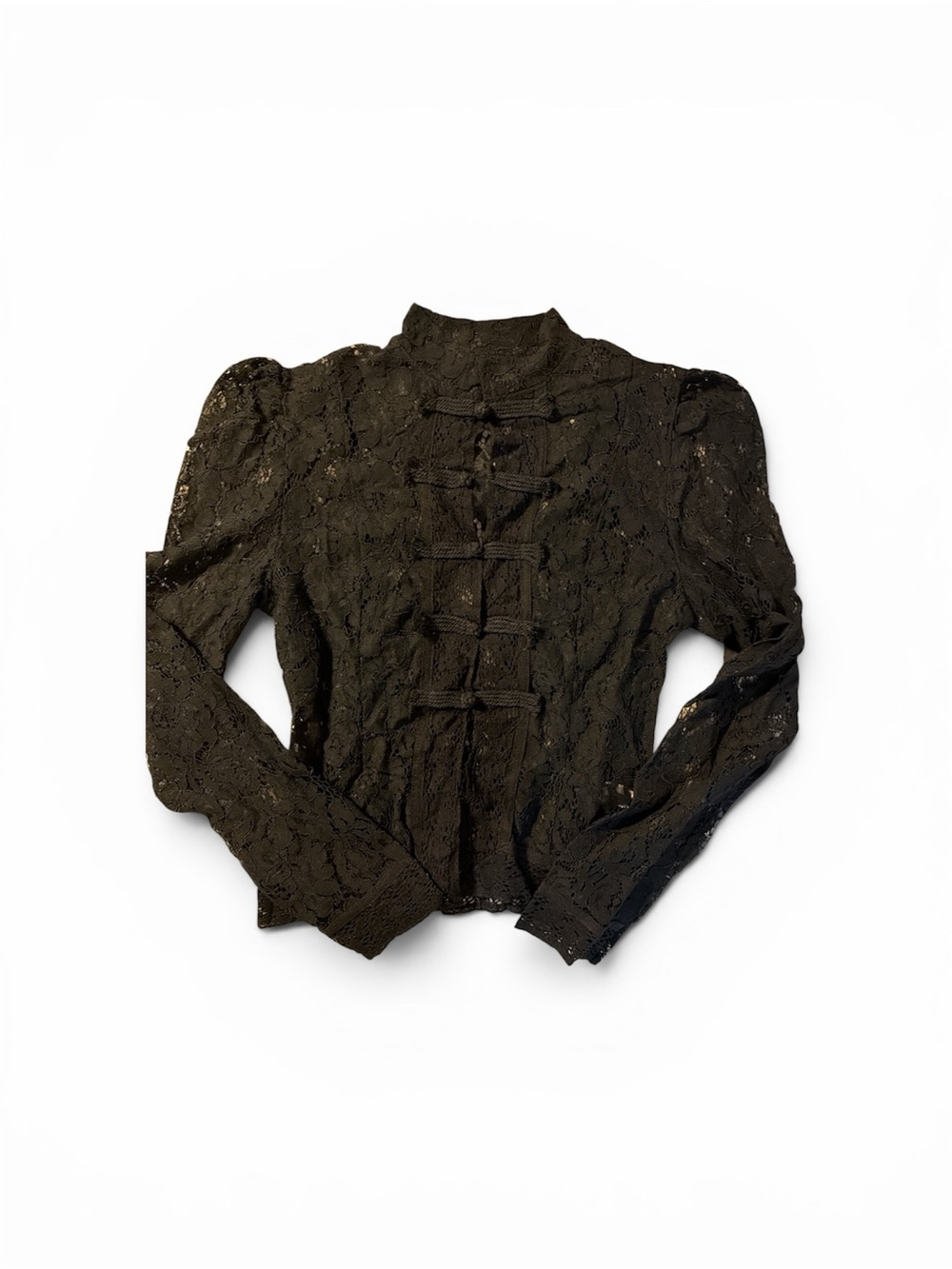 Black Lace Mandarin Collar Button-Front Blouse